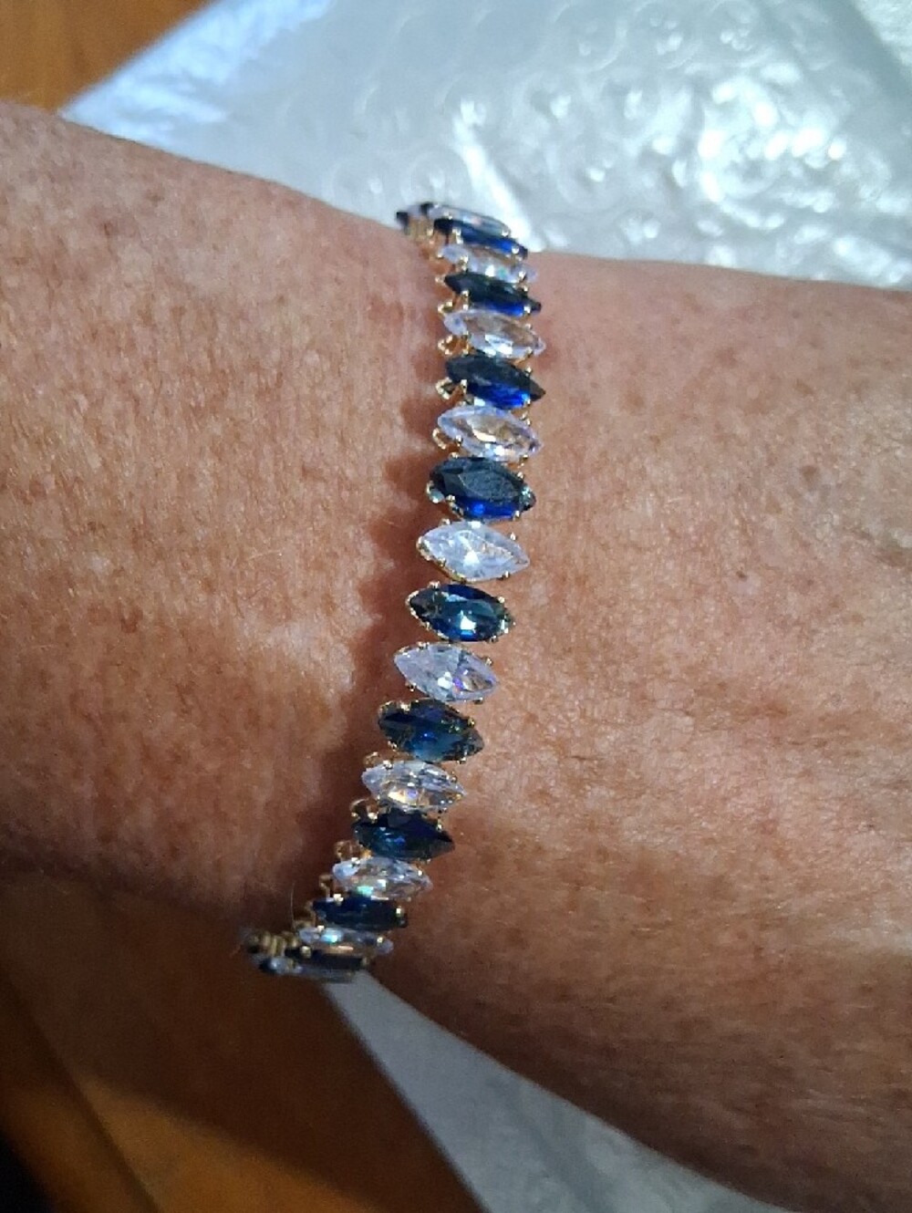 Gold Tennis Bracelet with Dark Blue and Clear Stones. BANGLE.UP TO 8.NWT - Picture 2 of 4